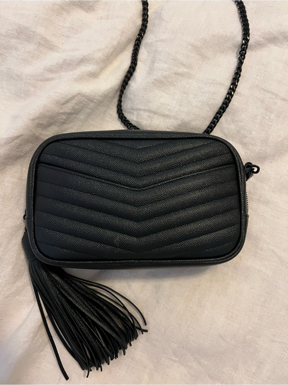 Saint Laurent Black Quilted Chevron Crossbody with Tassel - Picture 4 of 6